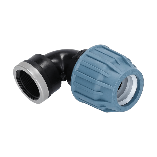 PP Fitting Klemmwinkel 90° Klemm x Innengewinde (IG) 40 mm x 1" mit VA-Ring PN16 DVGW