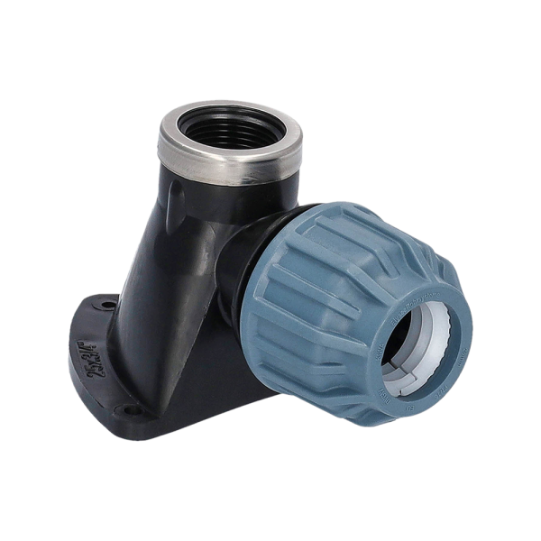 PP/PE Fitting Winkel 90° Klemm x IG mit VA-Ring mit Wandscheibe DVGW 16 mm x 1/2"