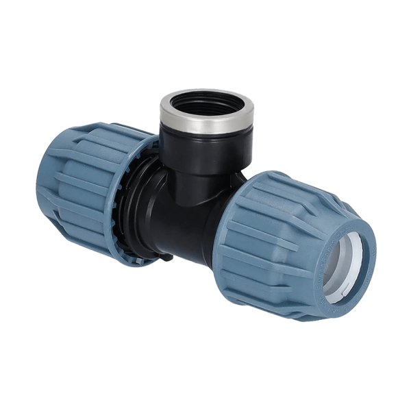 PP Fitting T-Stück Klemm x Innengewinde (IG) x Klemm 40 mm x 1" x 40 mm mit VA-Ring PN16 DVGW